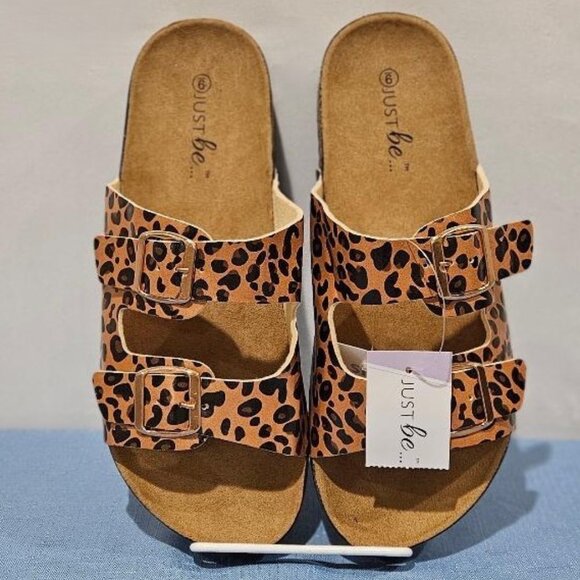 just be Shoes - New BLACK CORK WEDGE LEOPARD 2 STRAP BUCKLES OPEN TOE SLIDE SANDAL  9  SLIP ON